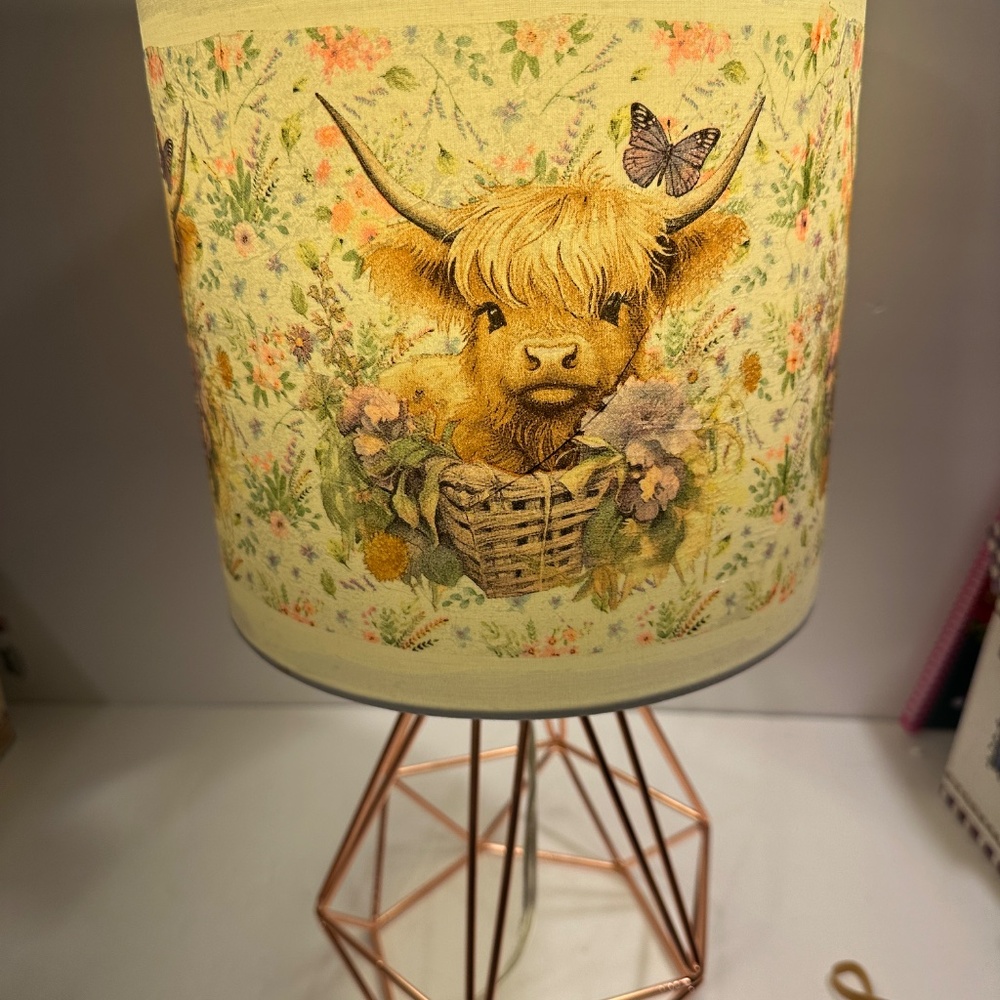 Rose Gold Metal  Bedside Lamp With Decoupaged Floral Highland Cow Shade - Picture 13 of 13